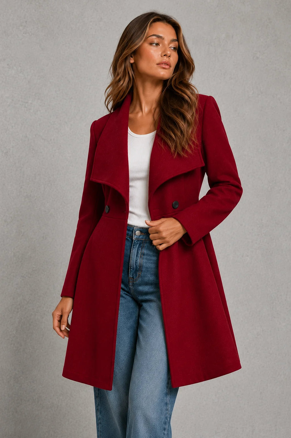 Close-up of tailored coat lapel collar and button detailing on burgundy outerwear