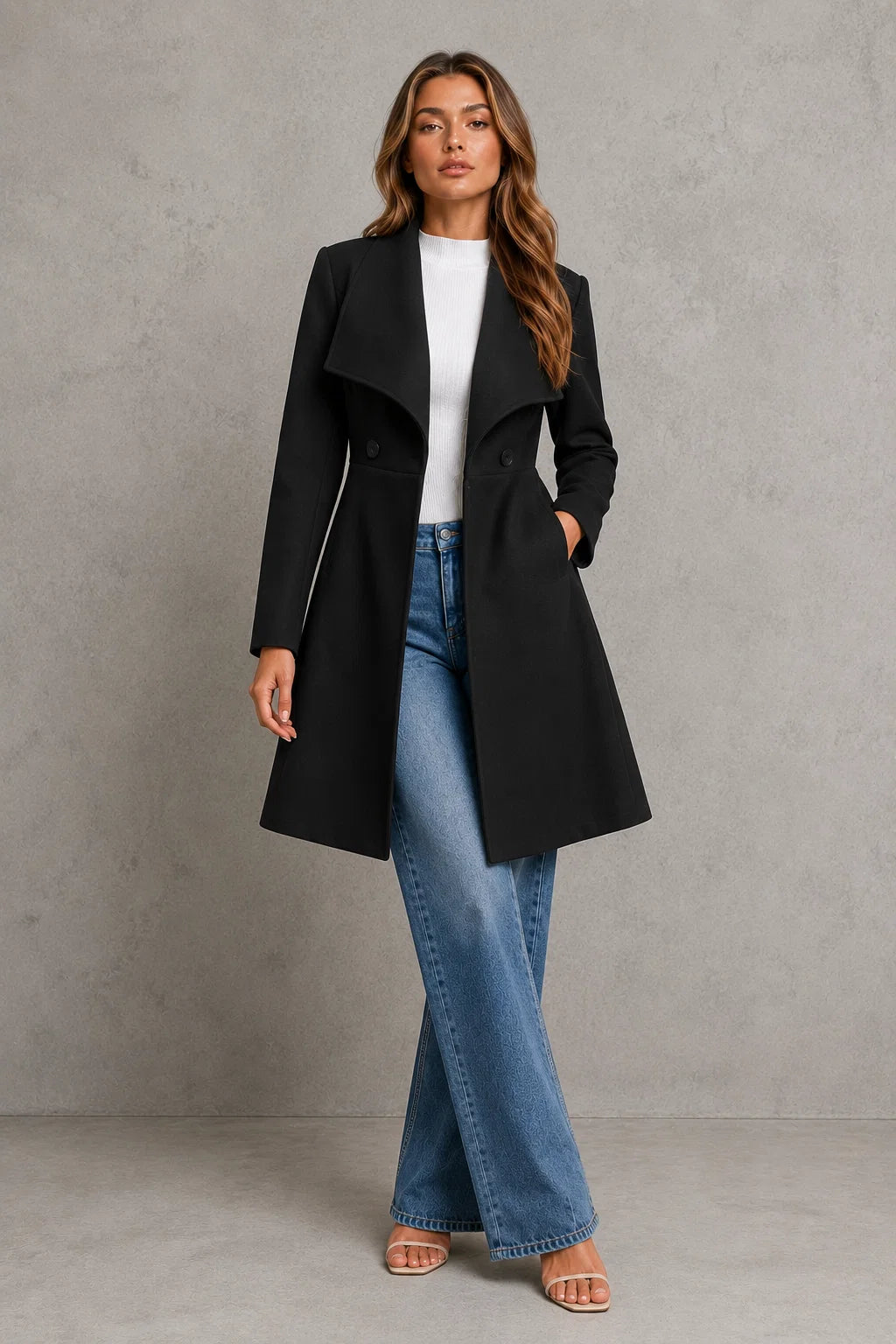 Women's tailored coat in camel shade with classic lapel collar and button front