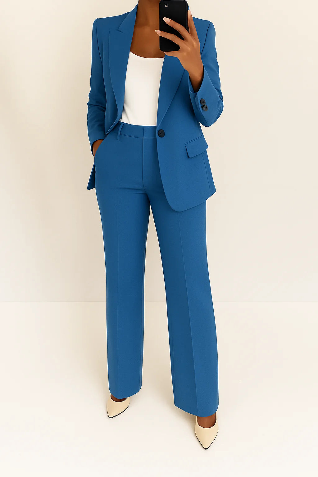 Close-up of women's tailored blazer with notched lapels and single-button closure