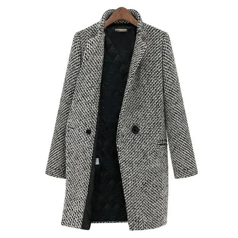 Side profile showing the below-hip length and structured drape of the women's coat