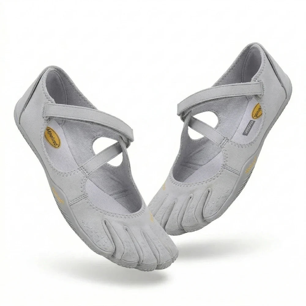 Iris women's barefoot five toe shoes in grey with elastic cross straps and flexible sole