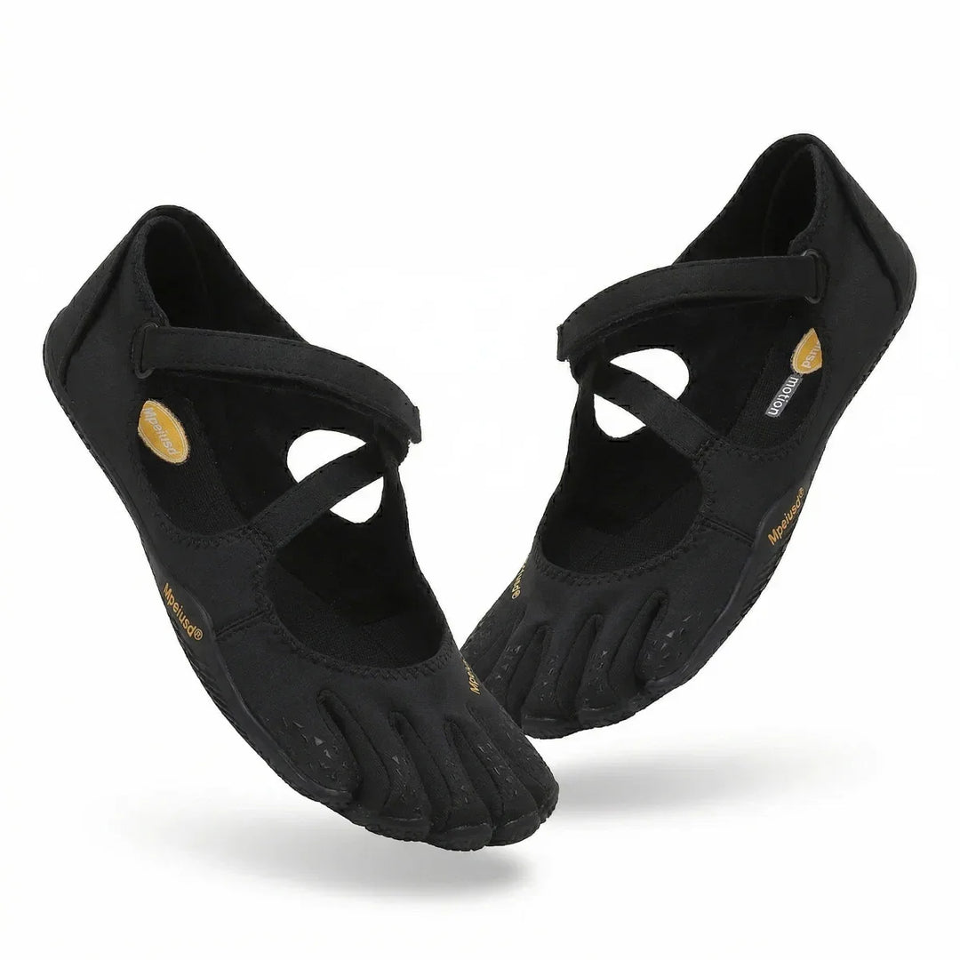 Side angle of women's barefoot shoes with breathable stretch knit upper and individual toe compartments