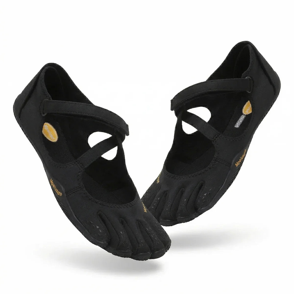 Side angle of women's barefoot shoes with breathable stretch knit upper and individual toe compartments