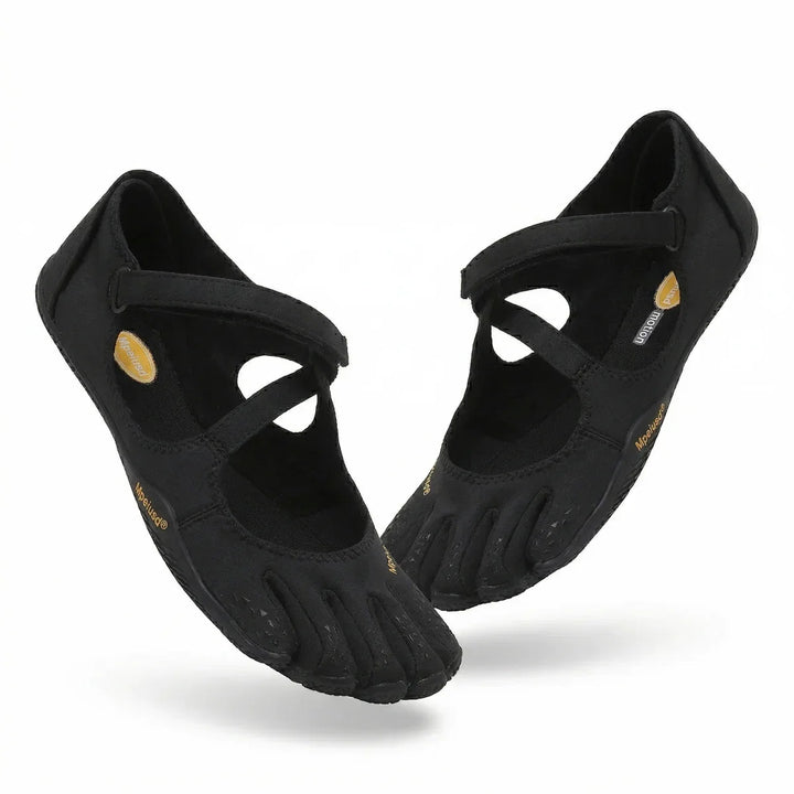 Side angle of women's barefoot shoes with breathable stretch knit upper and individual toe compartments