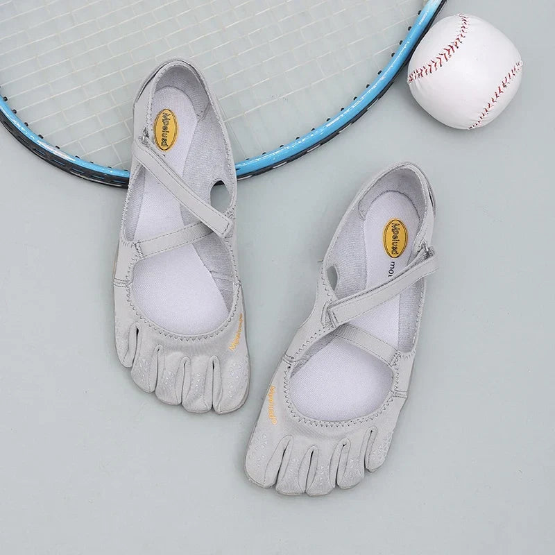 Women's minimalist barefoot shoes with five toe design and breathable knit construction