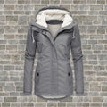 Women's hooded parka jacket in grey with fleece lining and adjustable drawstring hood