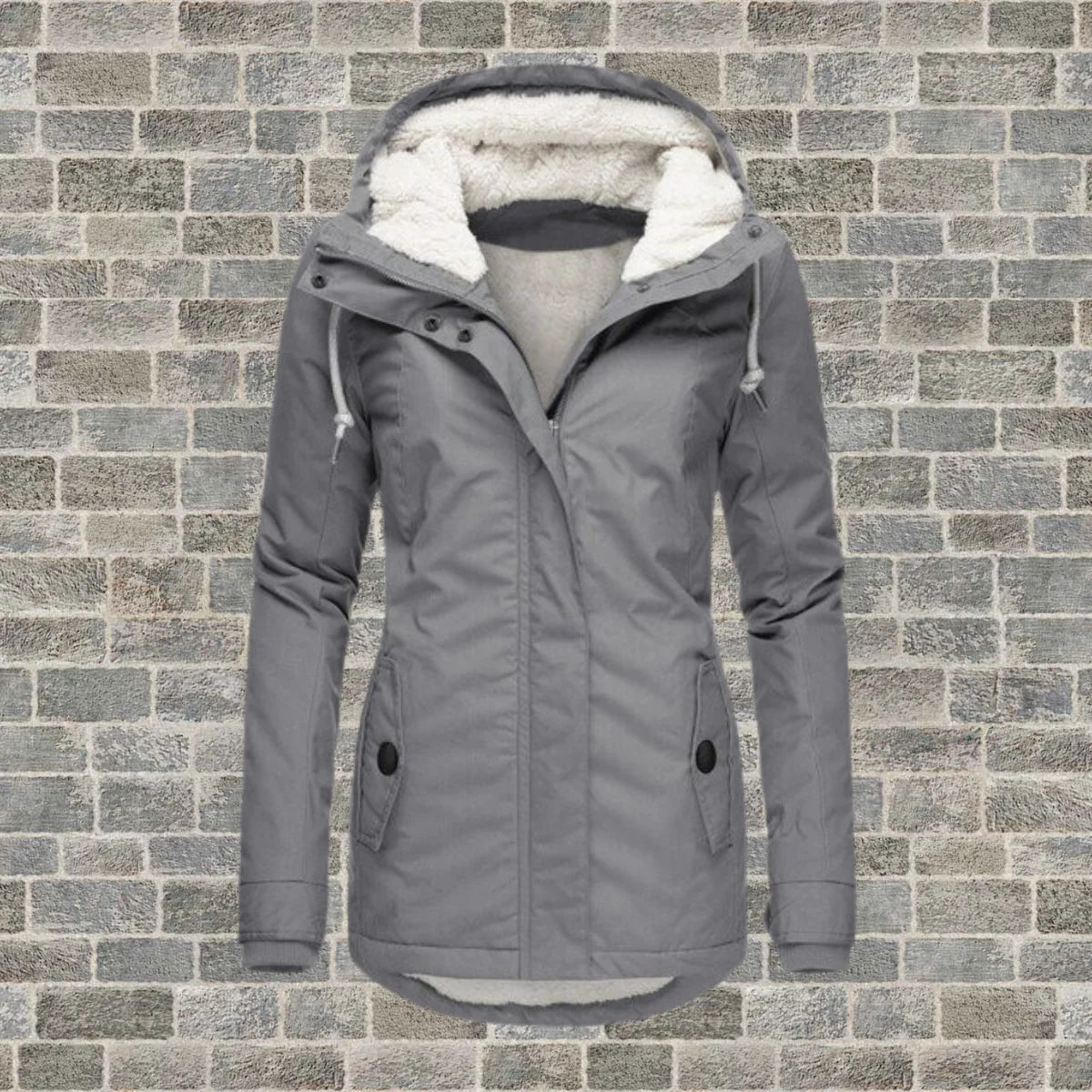 Women's hooded parka jacket in grey with fleece lining and adjustable drawstring hood