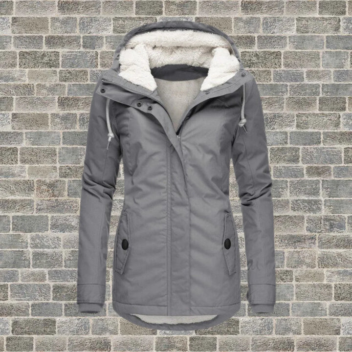 Women's hooded parka jacket in grey with fleece lining and adjustable drawstring hood