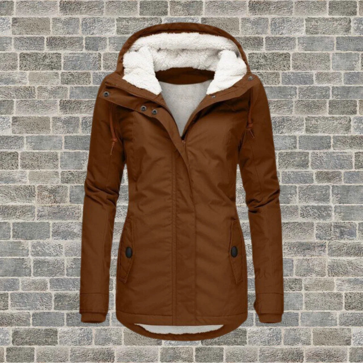 Side view of women's hooded parka with flap pockets and ribbed cuffs