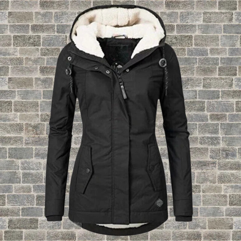 Back view of women's hooded parka jacket showing relaxed fit and hip length