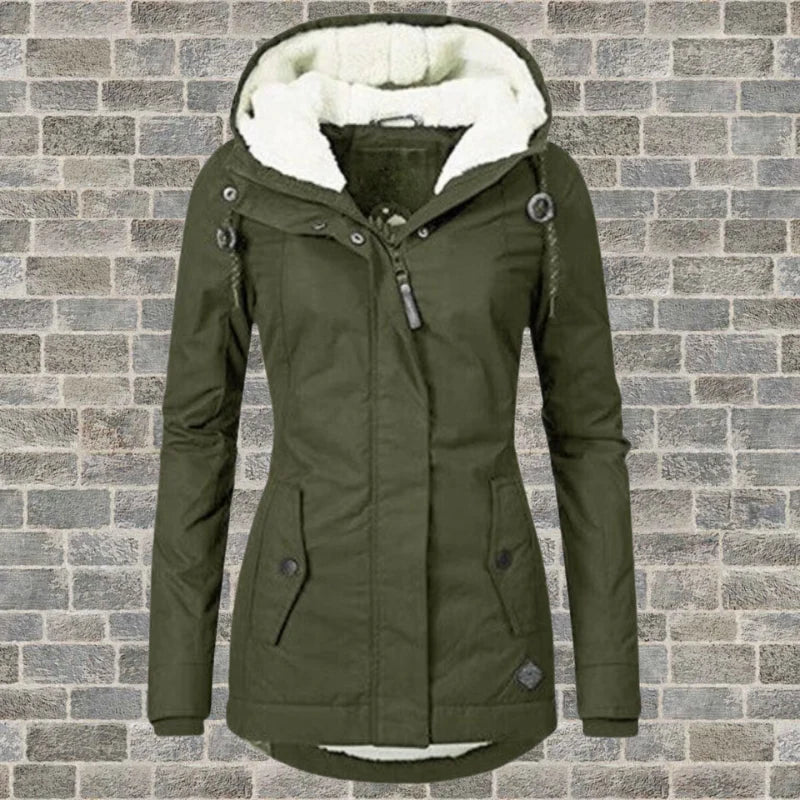 Women's parka jacket hood detail with soft fleece lining