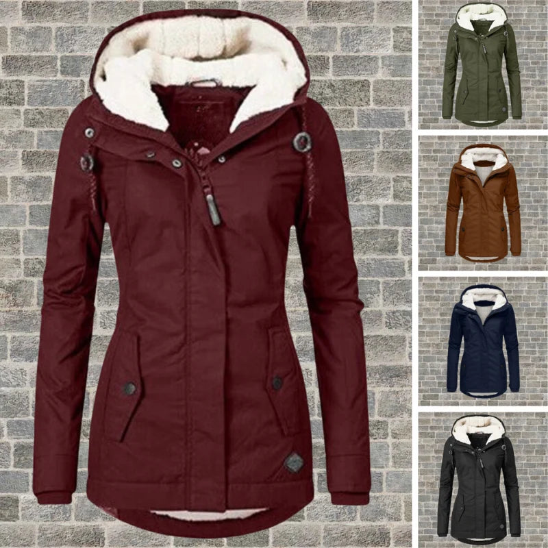 Full view of women's hooded parka jacket with structured outer shell
