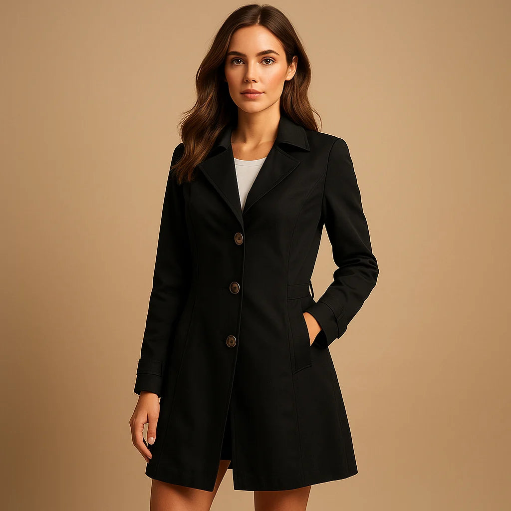 Women's tailored trench coat in black with notched lapels and button-front closure