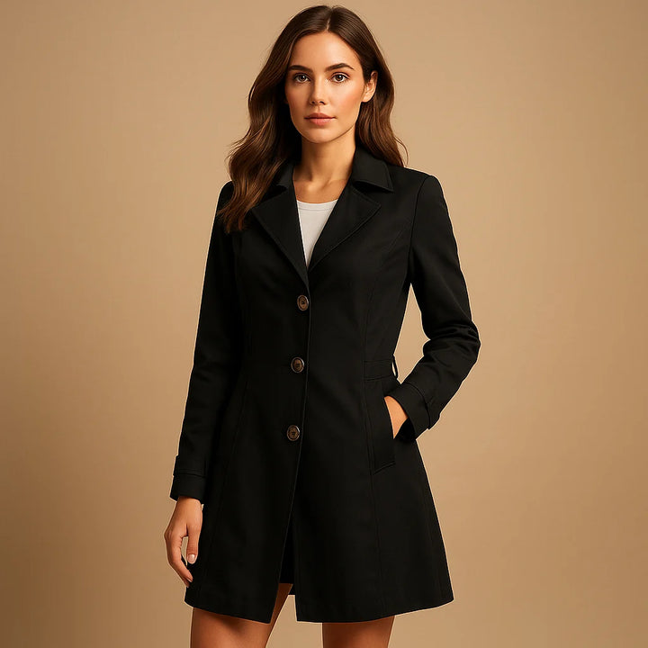 Women's tailored trench coat in black with notched lapels and button-front closure