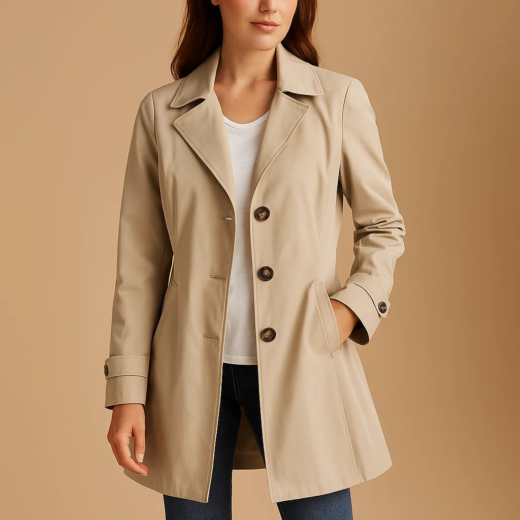 Close-up view of structured trench coat with three-button detail and smooth fabric finish