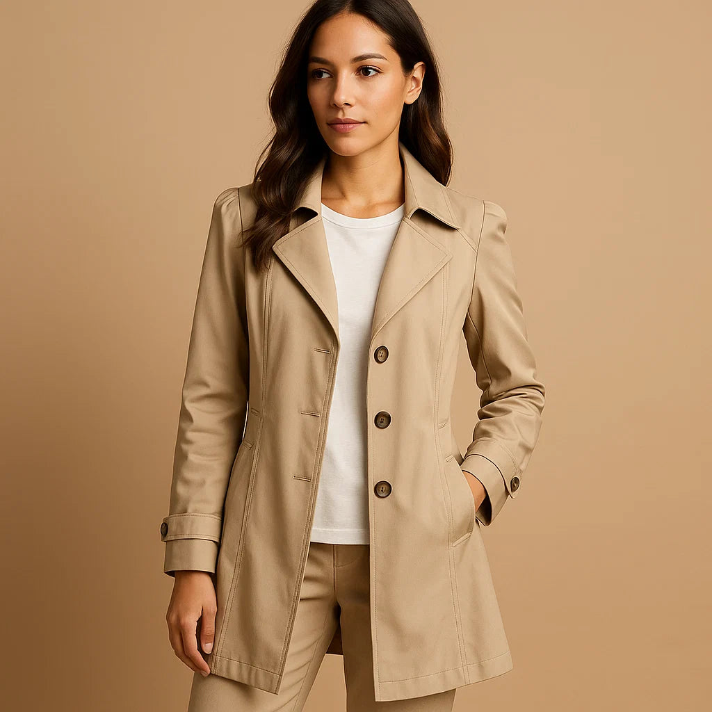 Side profile of women's mid-thigh trench coat showing straight-cut silhouette and front pockets