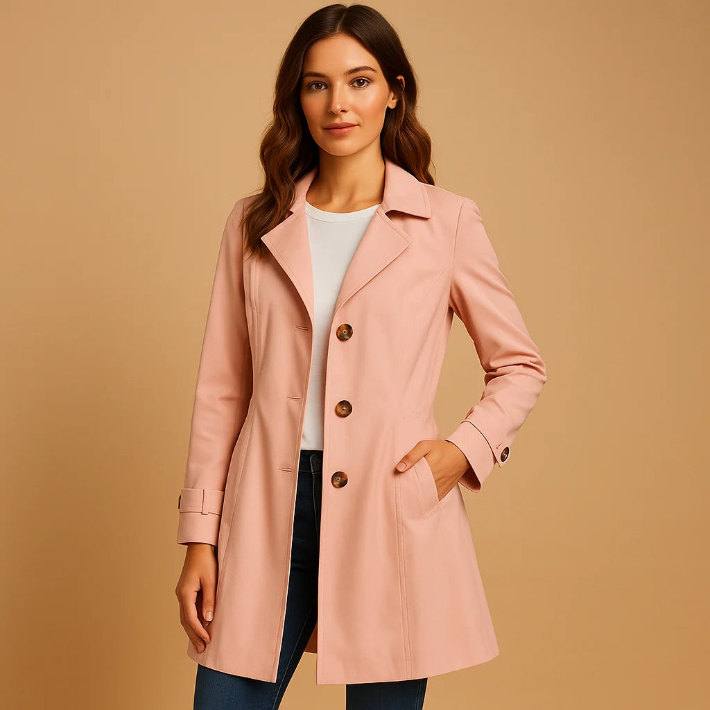 Back view of tailored trench coat highlighting structured shoulders and clean lines