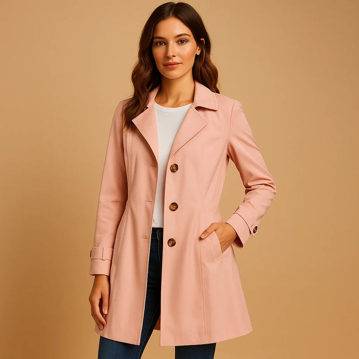 Back view of tailored trench coat highlighting structured shoulders and clean lines