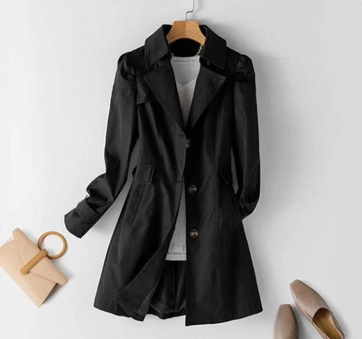 Detail shot of trench coat buttoned cuffs and notched lapel construction