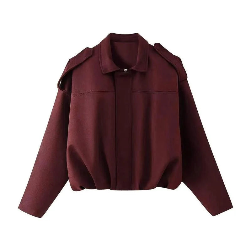 Women's cropped zip jacket in burgundy with point collar and dropped shoulders on white background