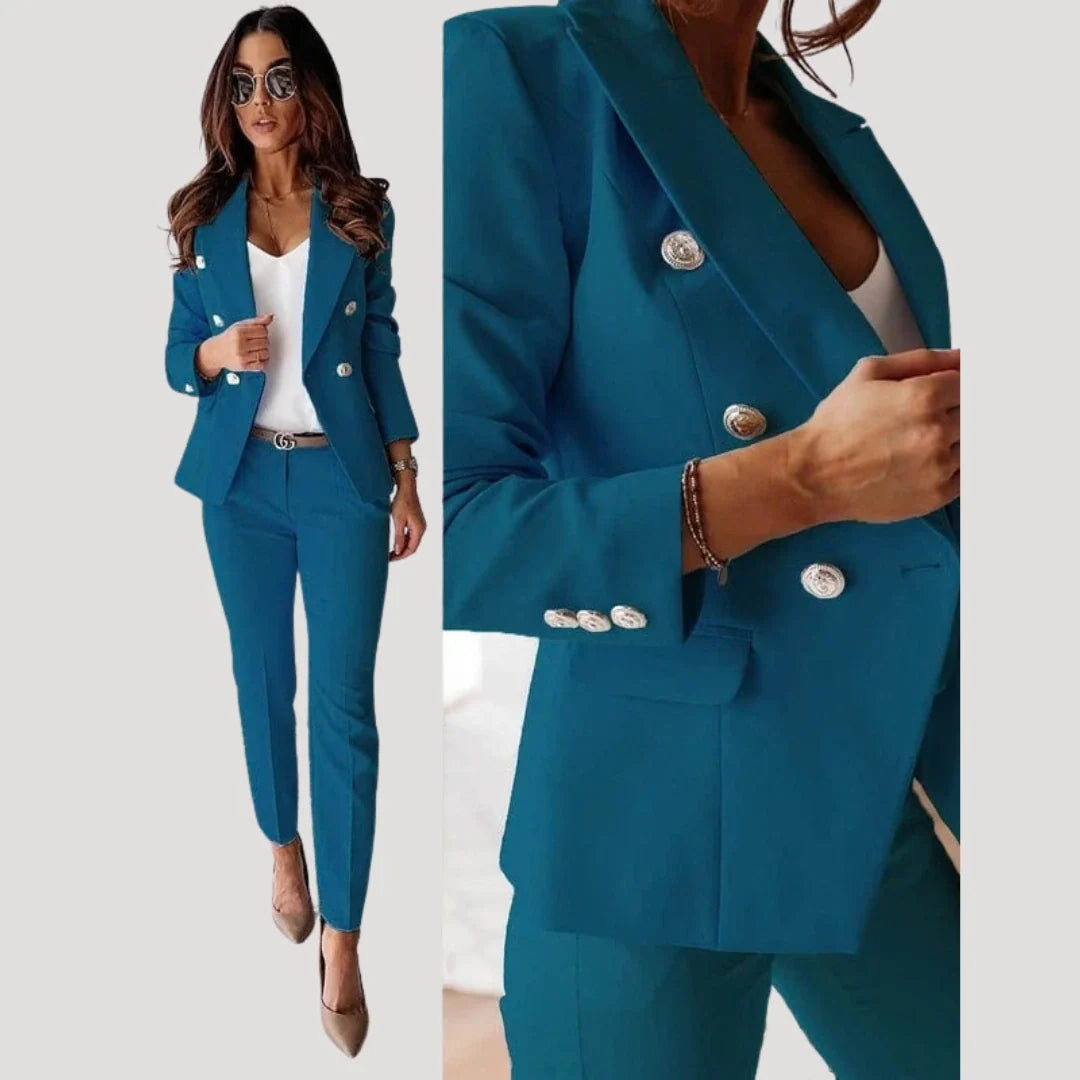 Side view of women's tailored blazer set showing streamlined silhouette and trouser fit