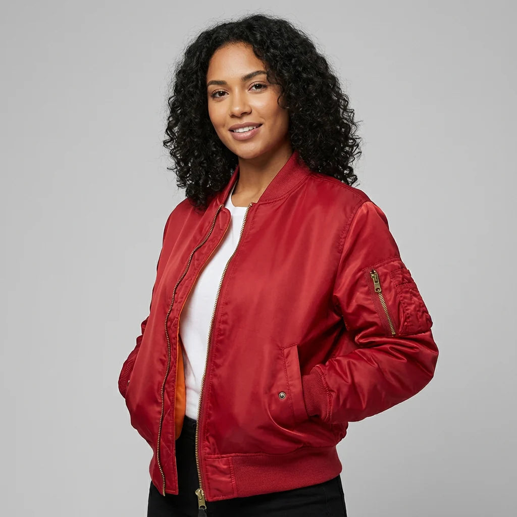 Women's satin bomber jacket in deep red with MA-1 utility pocket and ribbed trims