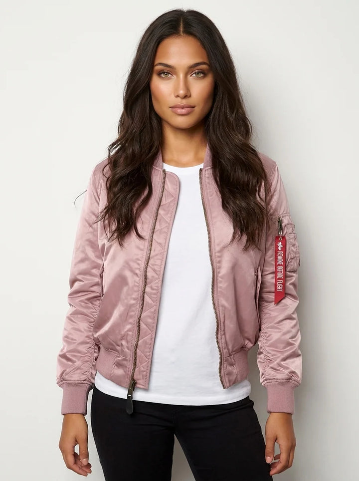 Full-length view of women's satin bomber jacket with relaxed bomber fit