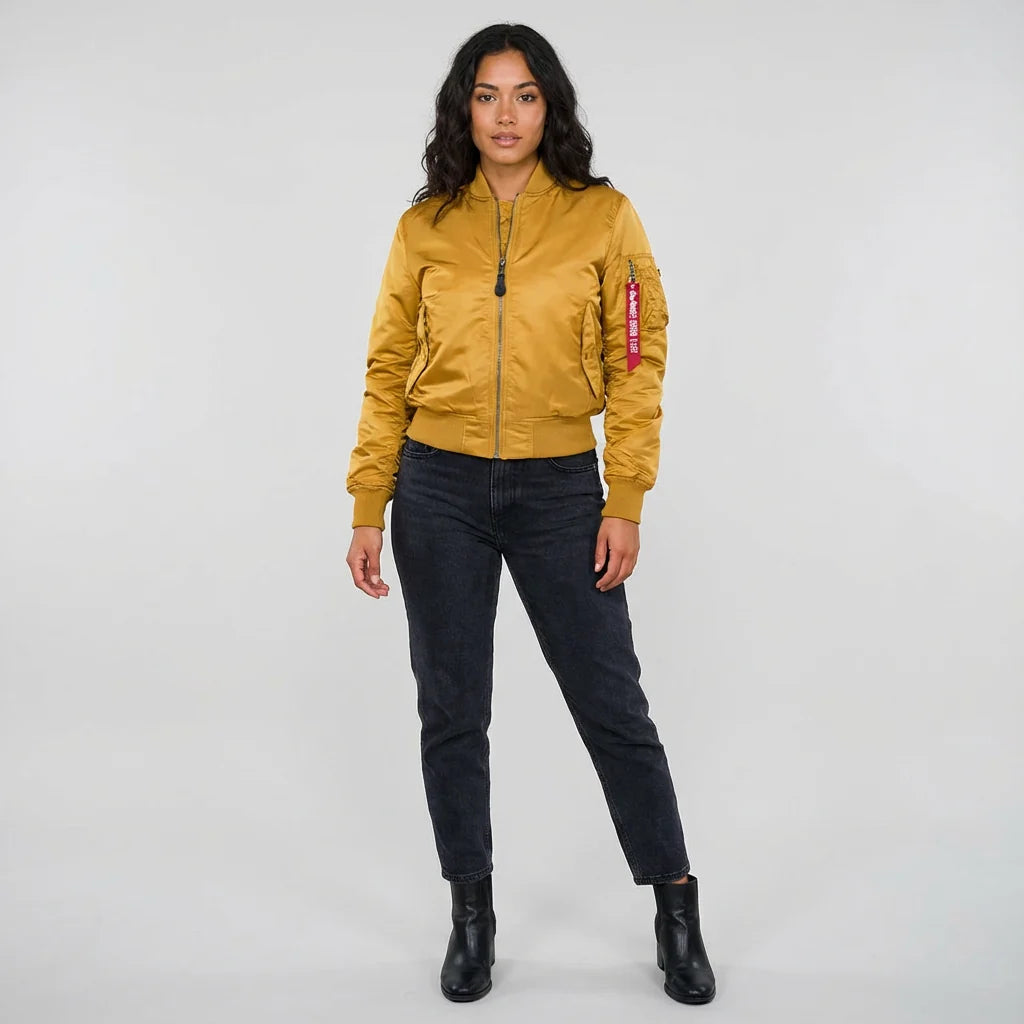 Women's satin bomber jacket showing sleeve utility pocket and ribbed details