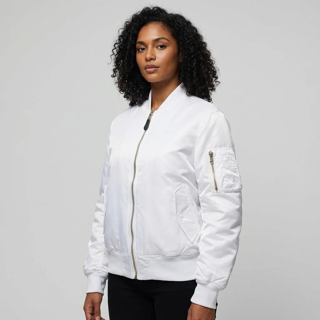 Angled view of women's red bomber jacket highlighting smooth satin fabric texture