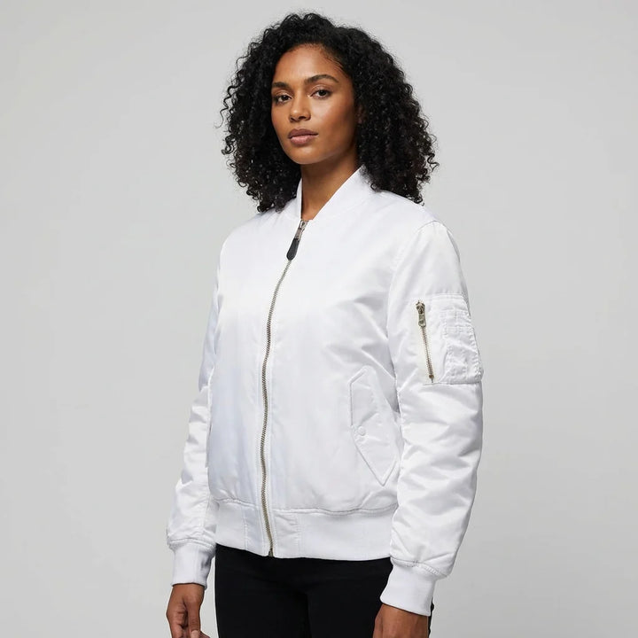 Angled view of women's red bomber jacket highlighting smooth satin fabric texture
