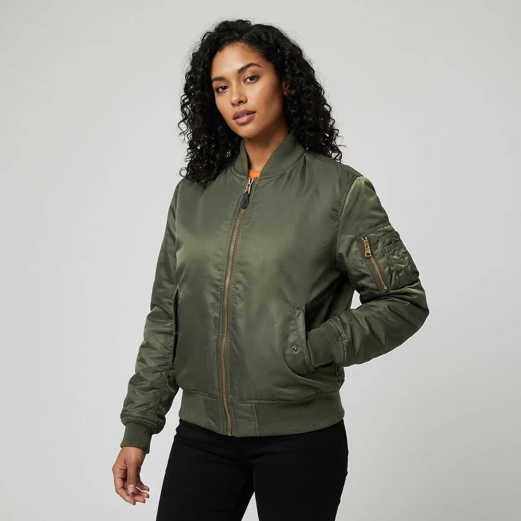 Close-up of MA-1 sleeve pocket detail on women's satin bomber jacket