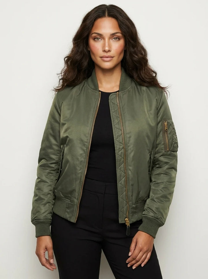 Women's red satin bomber jacket with ribbed trims and full zip closure