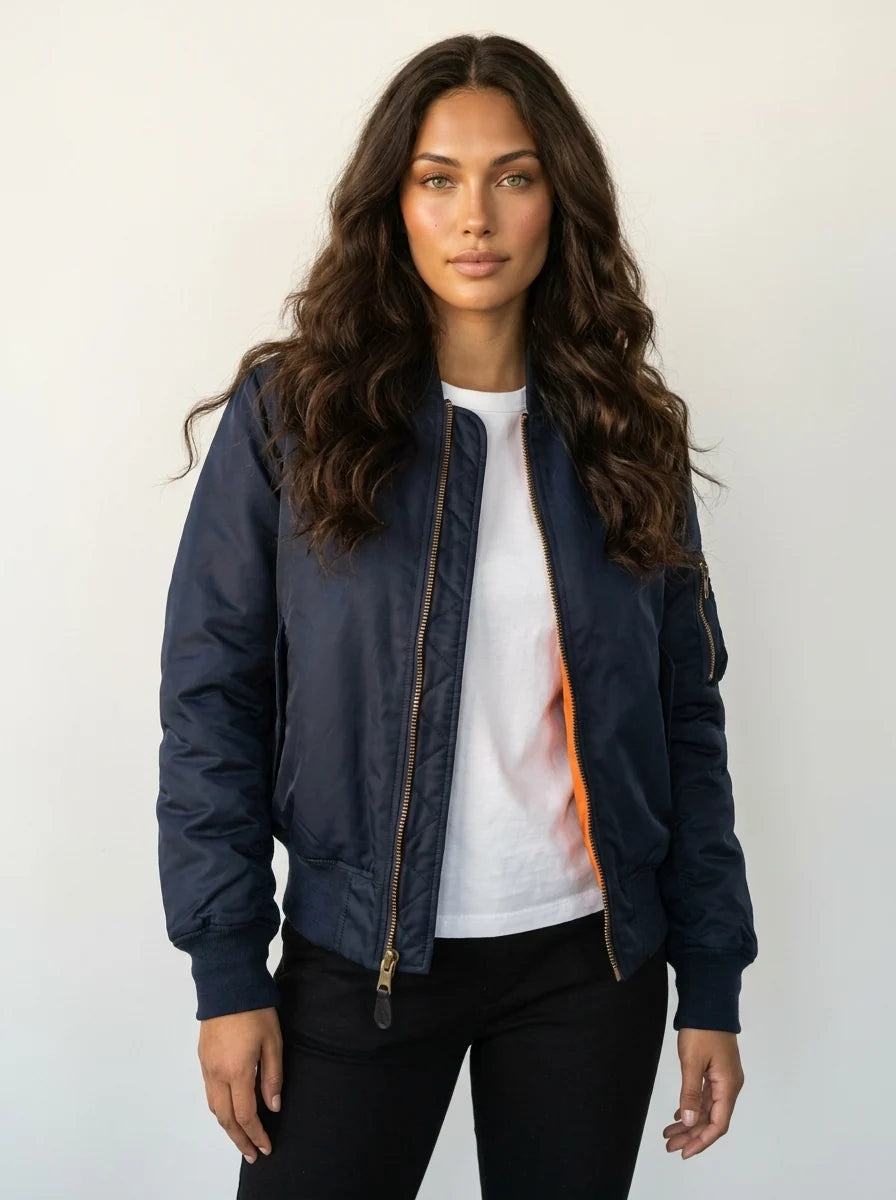 Women's satin bomber jacket in classic MA-1 style with utility pocket detailing