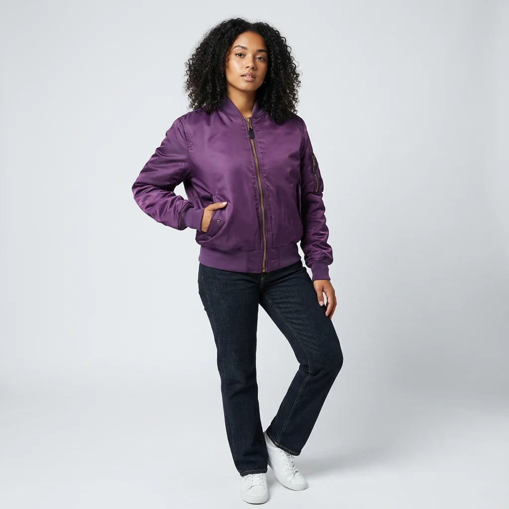 Women's satin bomber jacket open to reveal full zip fastening and side pockets