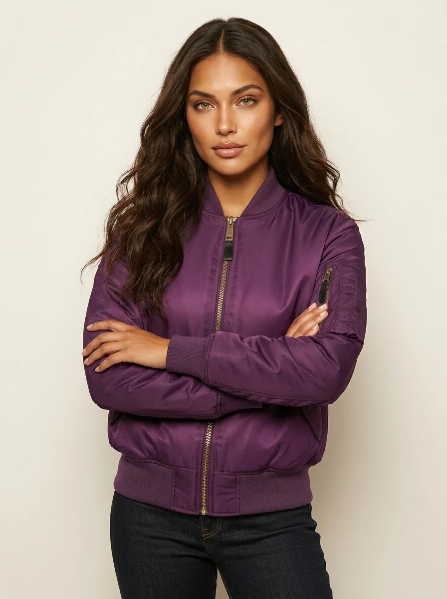 Women's bomber jacket in red satin finish with classic MA-1 design details