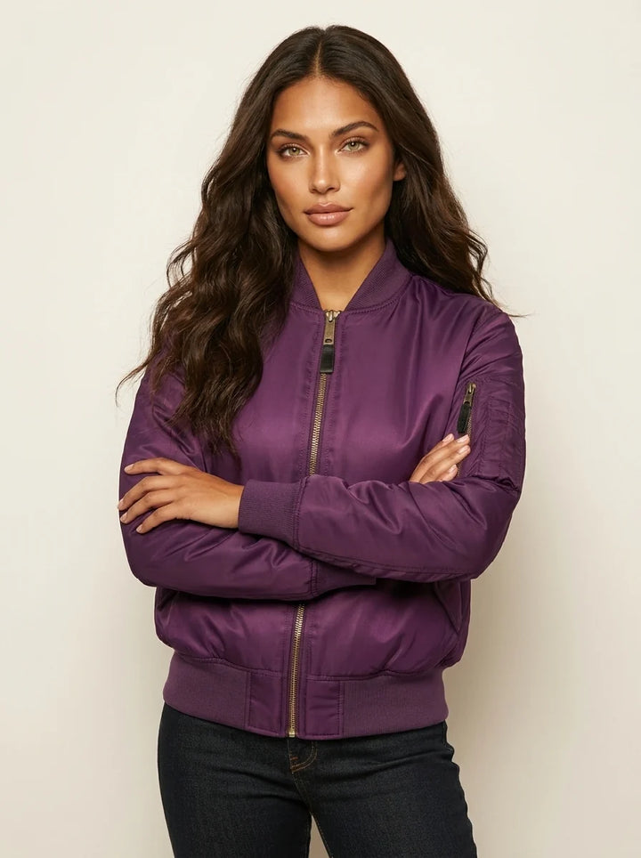 Women's bomber jacket in red satin finish with classic MA-1 design details