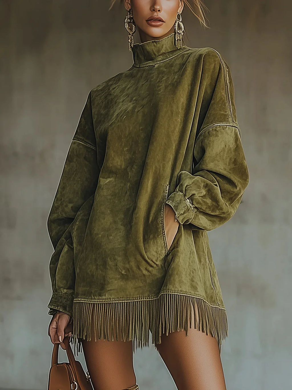 Women's olive green turtleneck fringe dress with oversized fit and suede-effect fabric