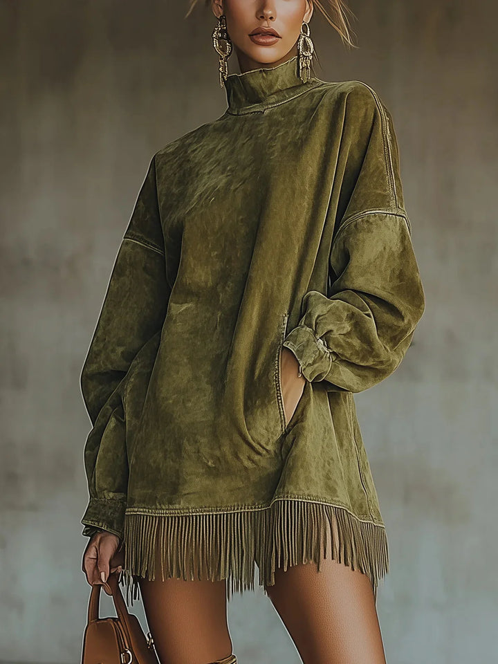 Women's olive green turtleneck fringe dress with oversized fit and suede-effect fabric
