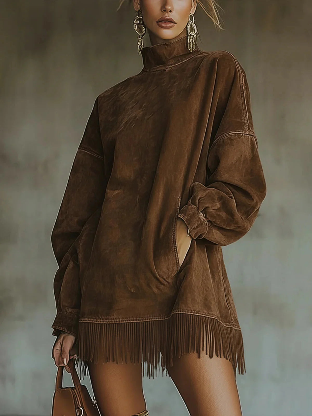 Close-up of fringe hem detail on women's turtleneck dress with patch pockets
