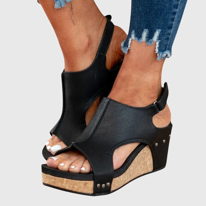 Women's adjustable wedge sandals in beige shown from multiple angles on white background