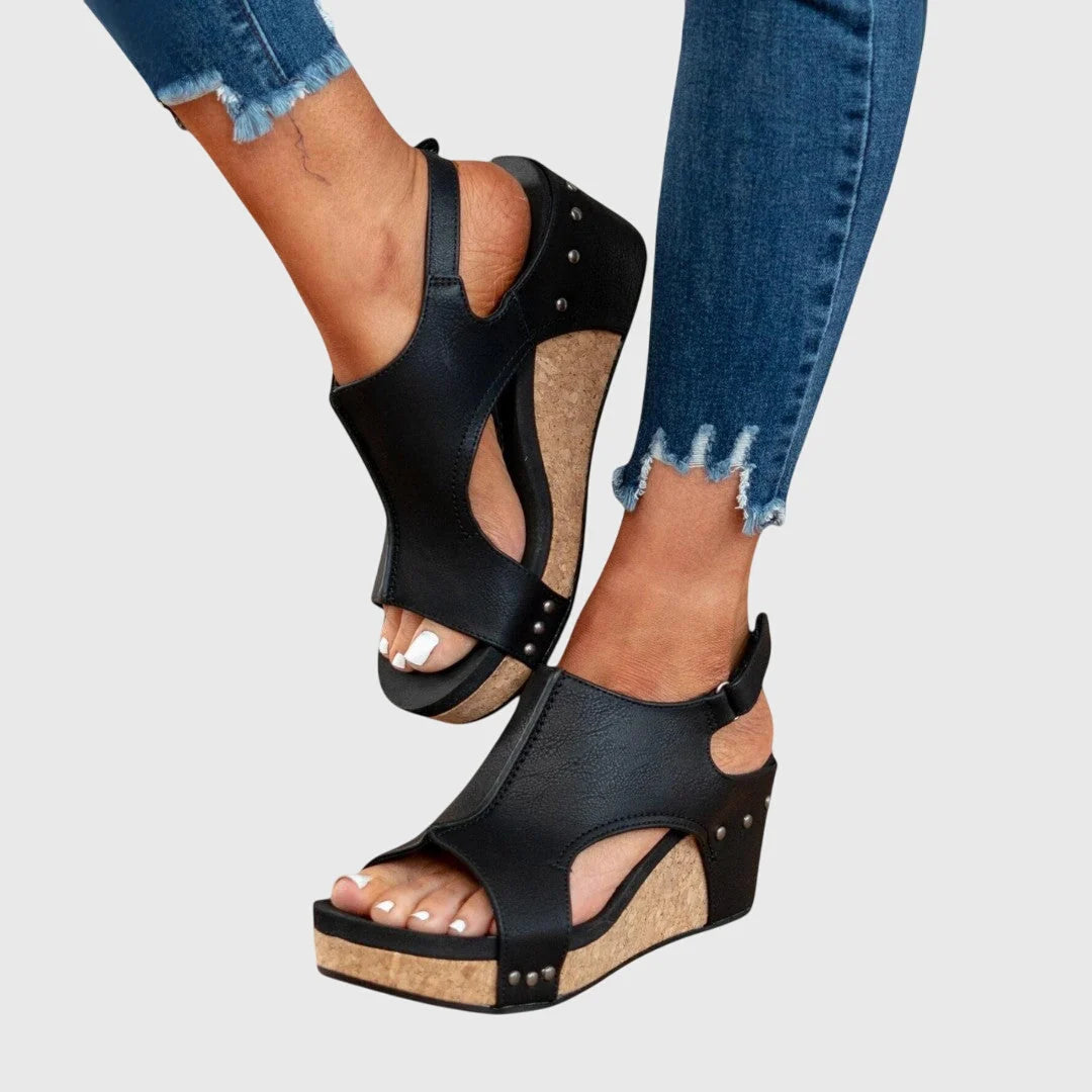 Comfortable wedge sandals for women with wide crossover strap and secure ankle buckle