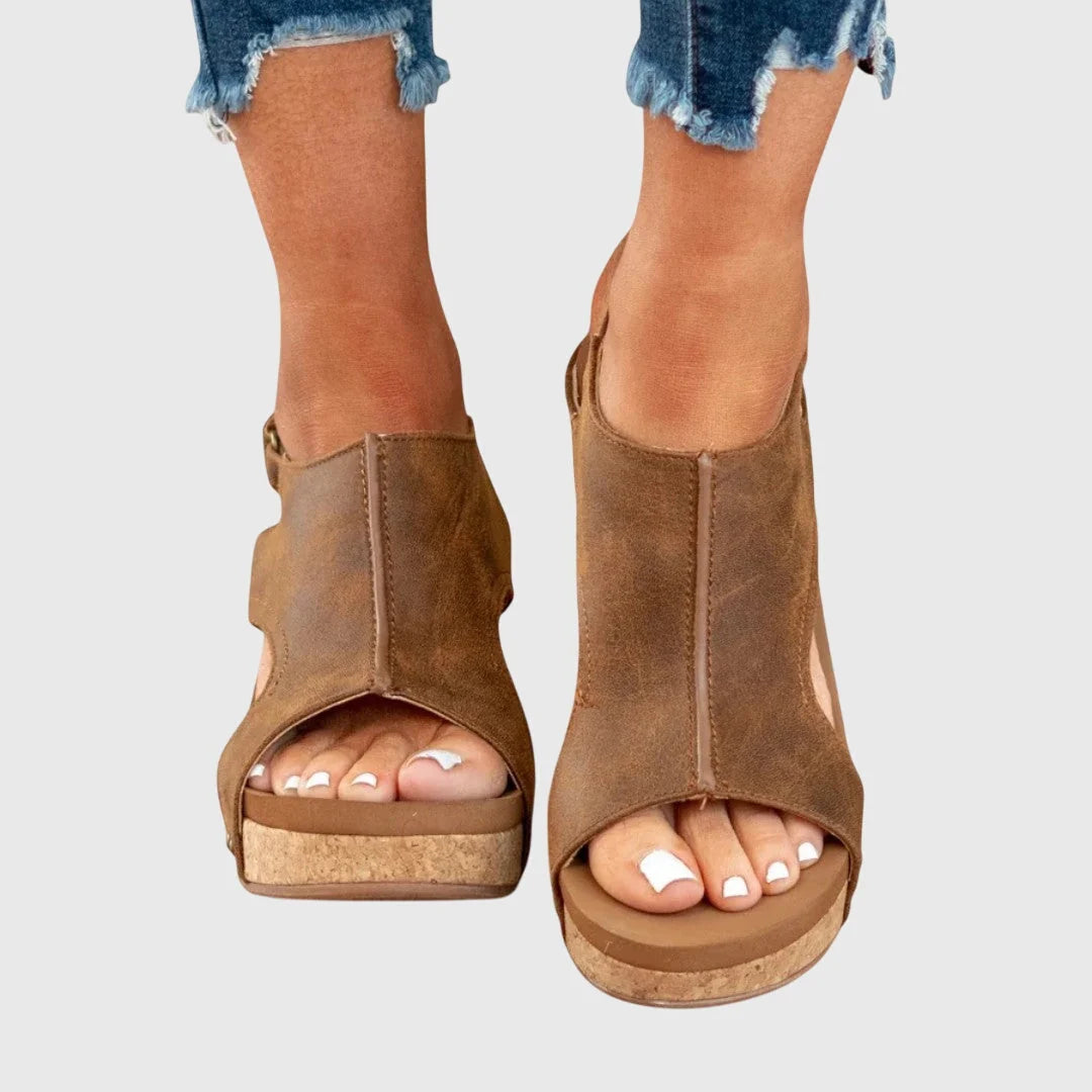 Beige platform wedge sandals with open-toe design and slingback fastening for women