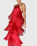 Halter neck fringe dress in red with tiered tassel detailing and flowing silhouette for evening occasions