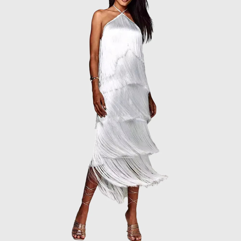 Halter neck fringe dress styled for evening events with statement tassel detailing