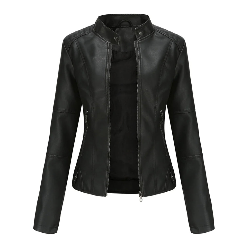 Women's biker jacket in black with stand collar and full front zip closure