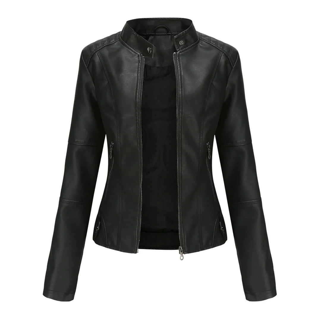 Women's biker jacket in black with stand collar and full front zip closure