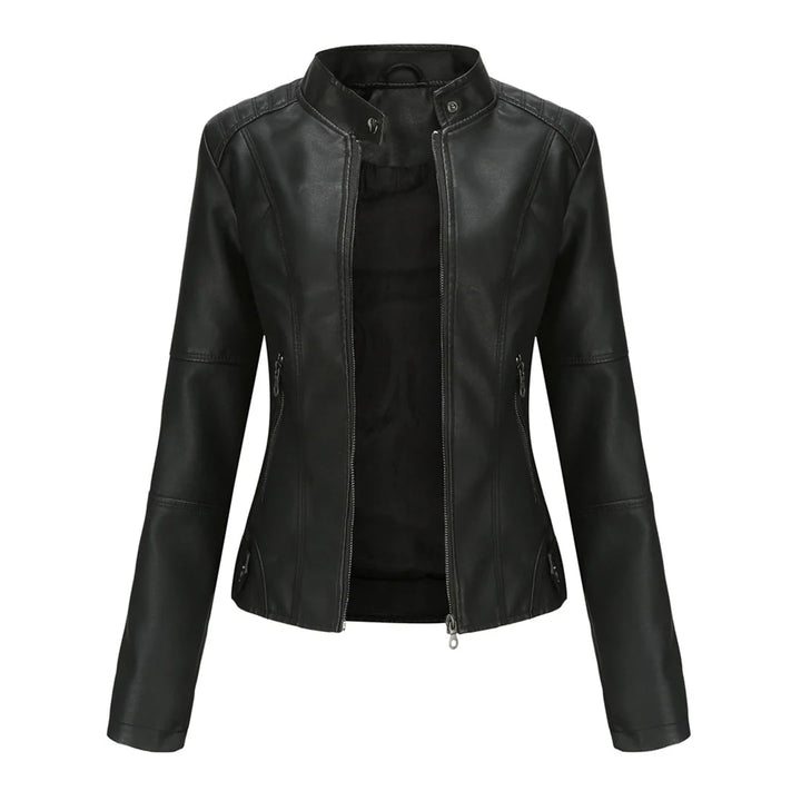 Women's biker jacket in black with stand collar and full front zip closure
