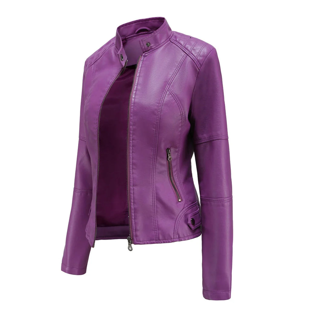 Women's biker jacket hemline detail showing clean finish and structured cut