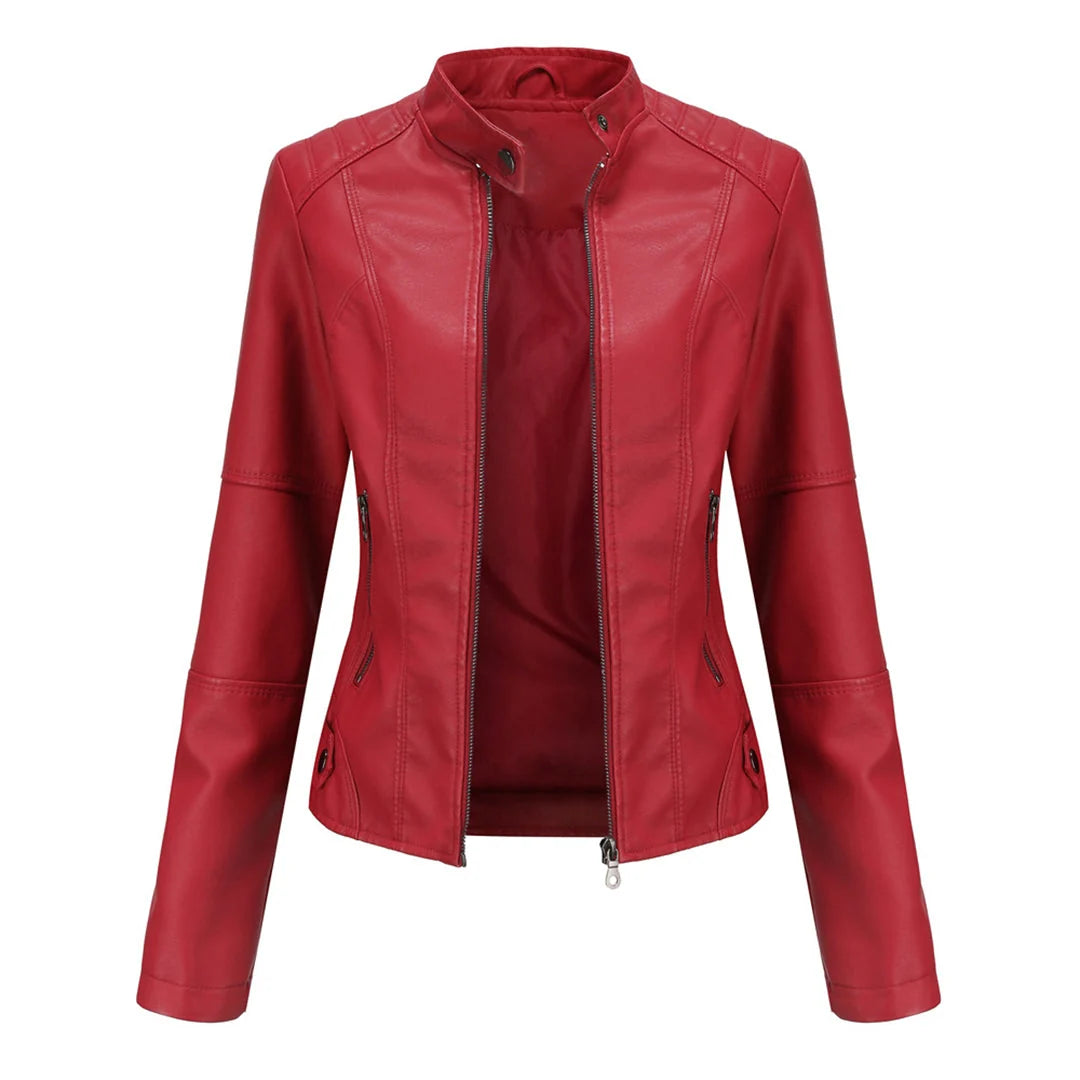 Front view of women's fitted biker jacket with zippered side pockets and seam detailing