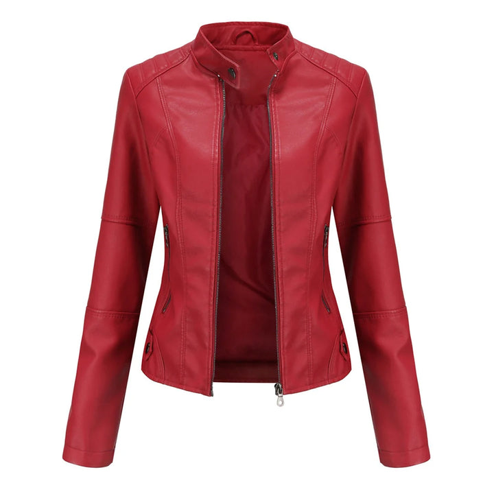 Front view of women's fitted biker jacket with zippered side pockets and seam detailing